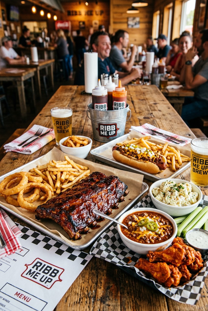 Ribb Me Up table spread with ribs, wings, sides, and drinks