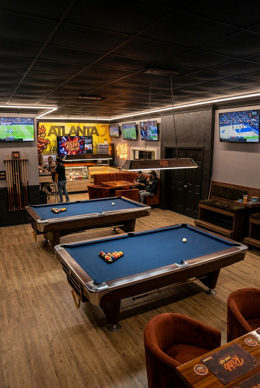 Ribb Me Up interior with pool tables and sports screens